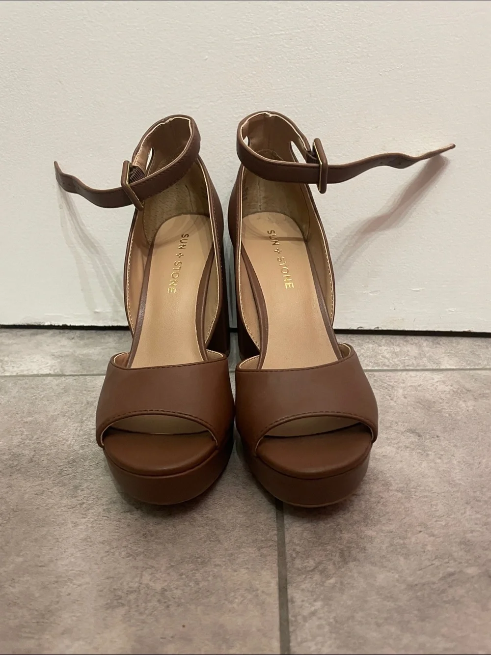 Sun + Stone Tan Platform Ankle-Strap Heels